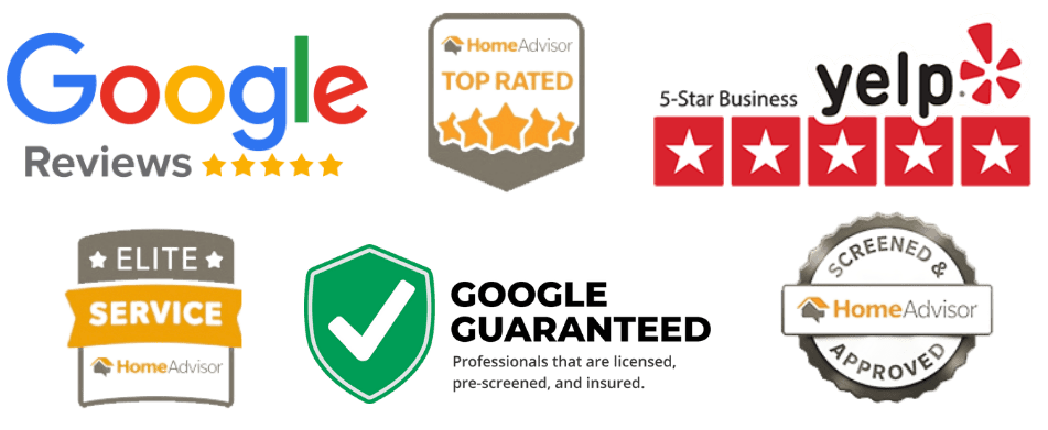Google Reviews, HomeAdvisor Top Rated, Yelp 5-Star, HomeAdvisor Elite Service, Google Guaranteed, and HomeAdvisor Approved badges